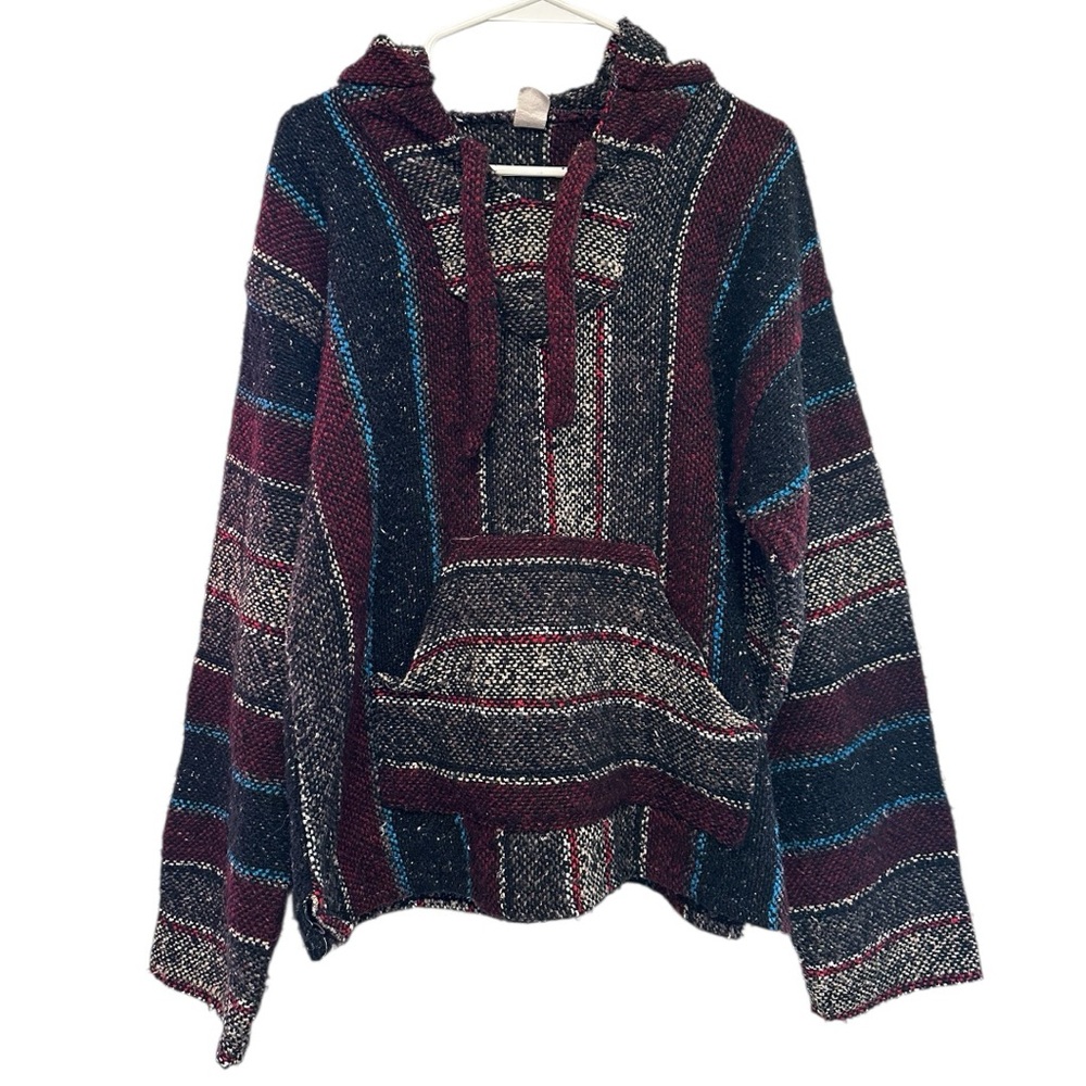 Vintage Y2K Era Multicolor Striped Hooded Baja Sweater Large (Unisex)